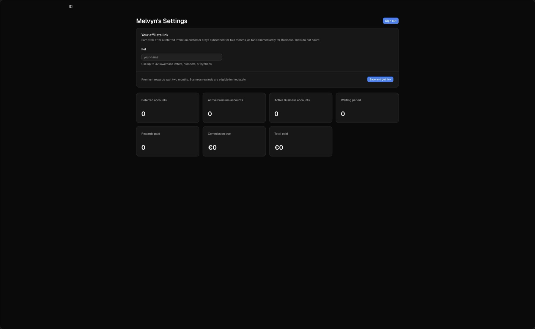 Affiliate link setup and reward dashboard