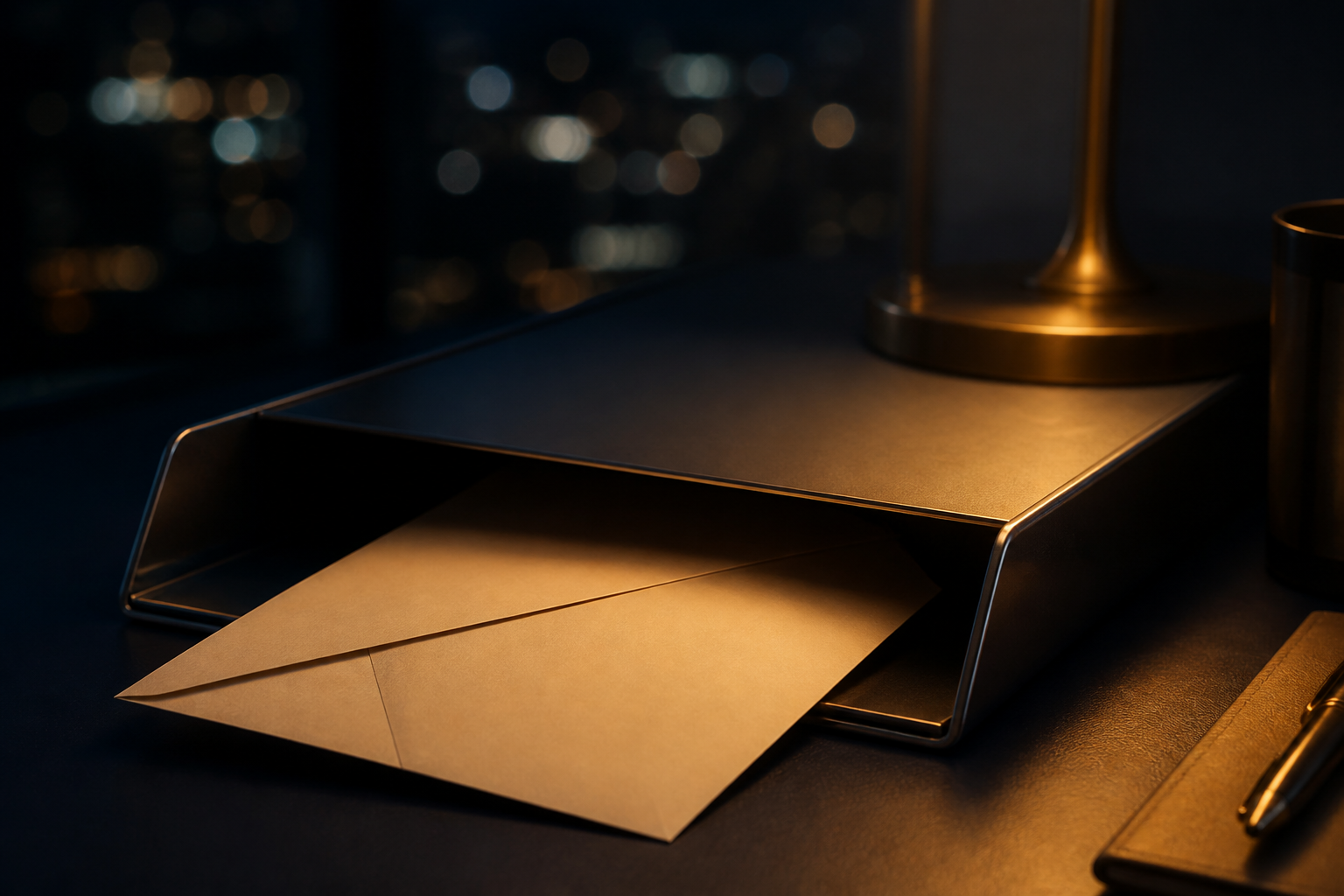 A cream envelope sliding into a dark steel inbox tray